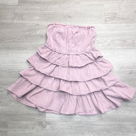 So Me Denim Strapless Tiered Ruffle Mini Dress Sz Small Smocked Mauve Pink - Picture 10 of 10